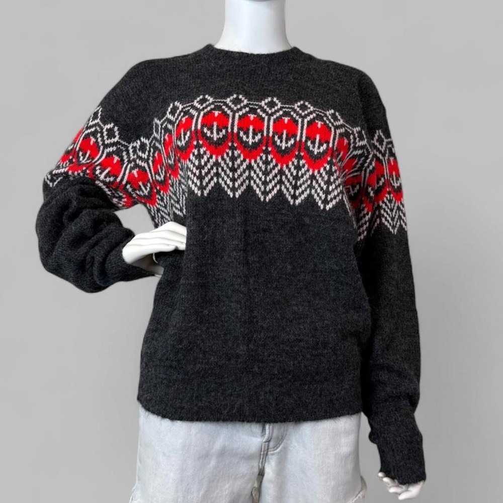 Vintage Nordic Fair Isle Sweater Charcoal Red White Orlon Acrylic Pullover